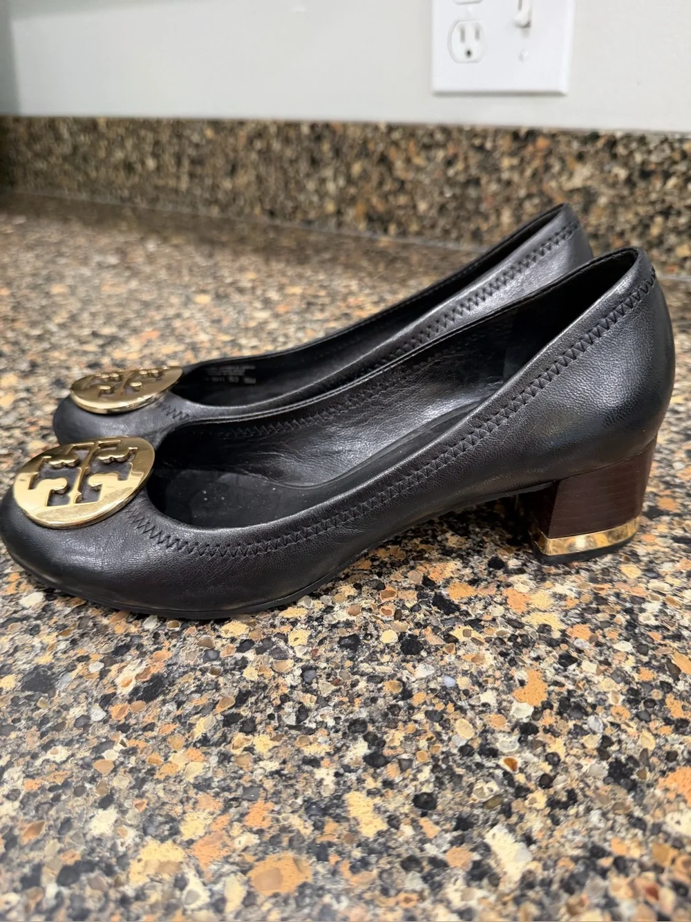 Tory Burch Black Leather Block Heel Ballet Pump with Gold Logo 6